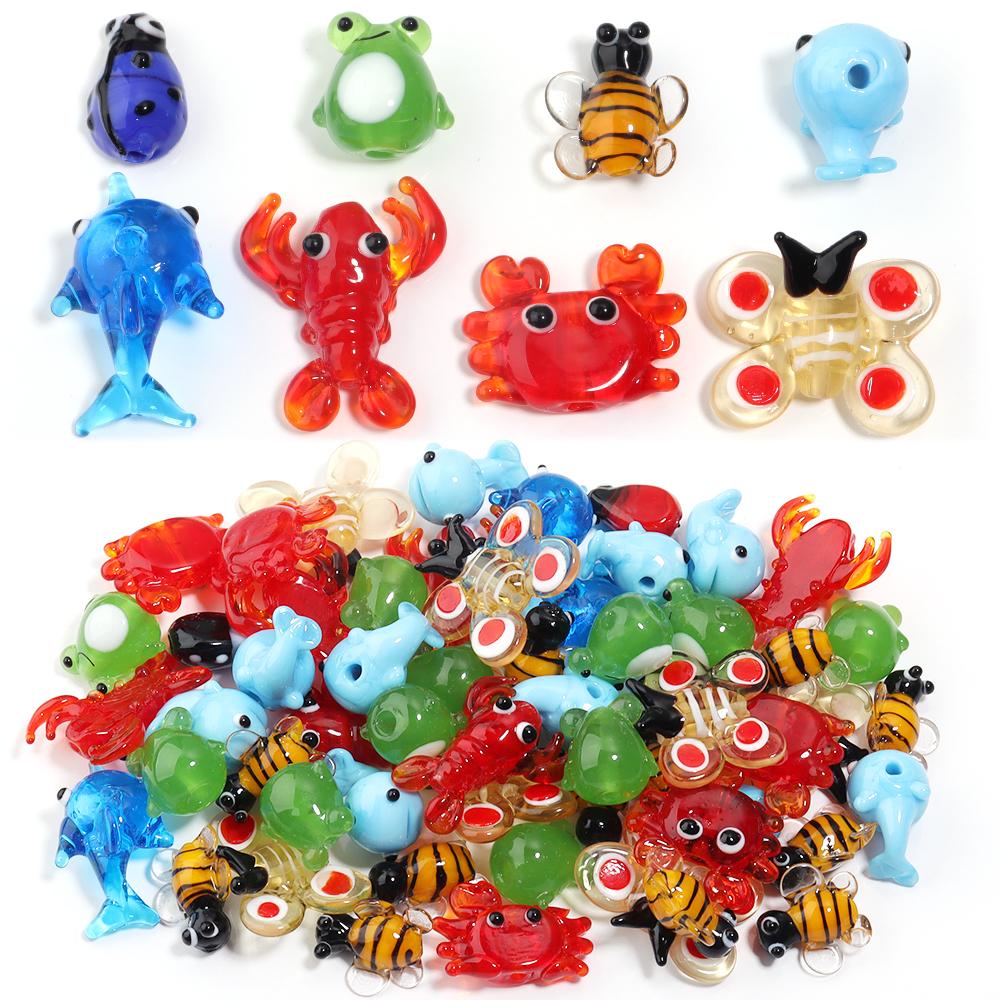 2-10pcs Animal Lampwork Beads Colorful Cartoon Crabs Shrimp Frog Fish Glass Loose Beads For DIY Jewelry Making Bracelet Keychain