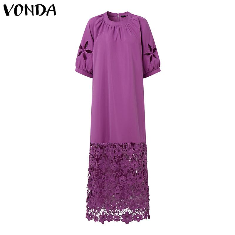 VONDA Summer Women Round Neck Half Sleeve Lace Crochet Patchwork Casual Dress
