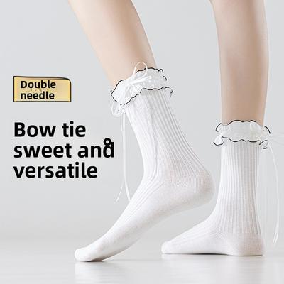 Doppelnadel-Socken im Ballett-Stil für Damen, Baumwollsocken für Frühling und Herbst, weiße Schleifen-Frotteesocken