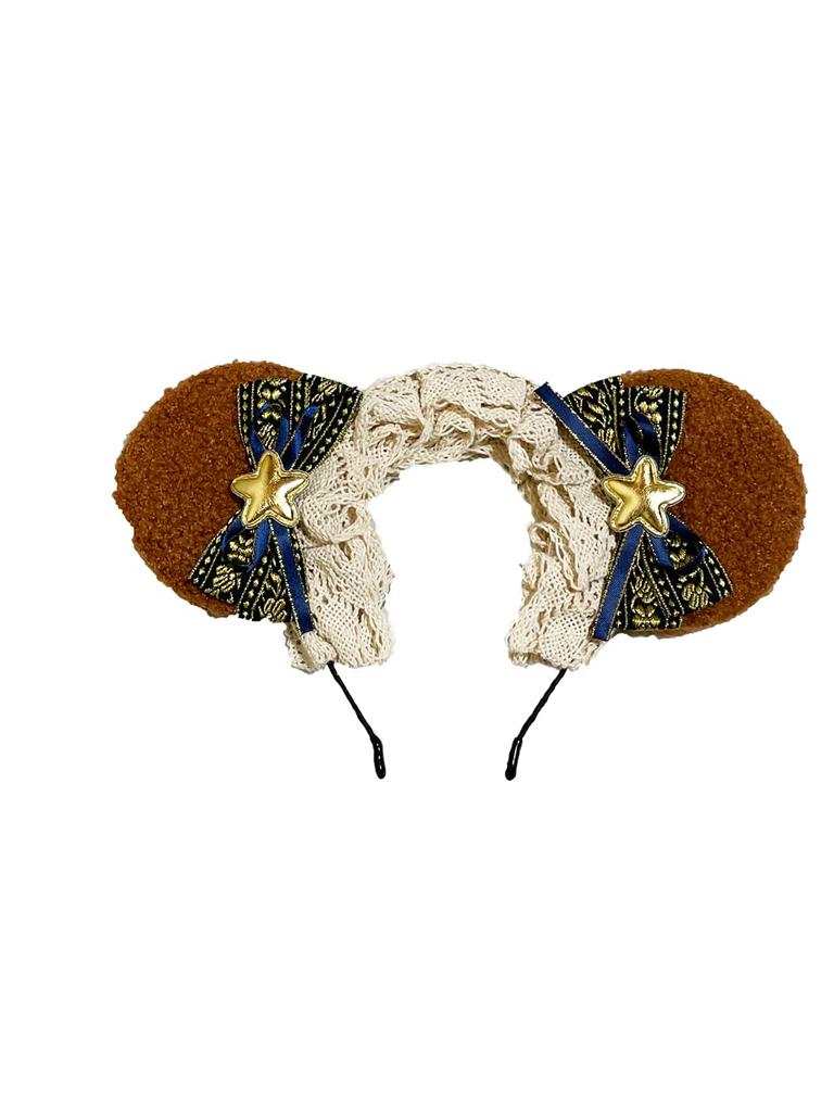 Bear Ear Headband Lolita Headpiece with Large Cotton and Cosplay Costume [SRrabbit] Ears, Off-White Lace, (Navy & Gold)