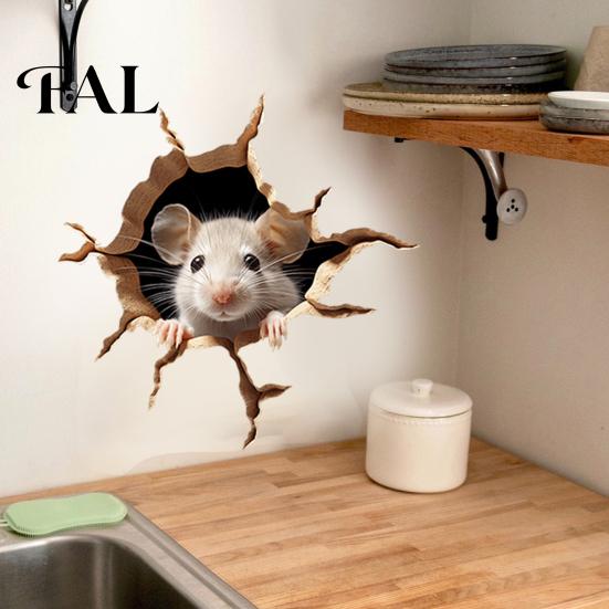 Funny Animal Wall Art Peeking Mouse Sticker, 3D Broken Hole Effect Decals, Glass Realistic Breaking Window Stickers, Removable PVC for Bedroom Living