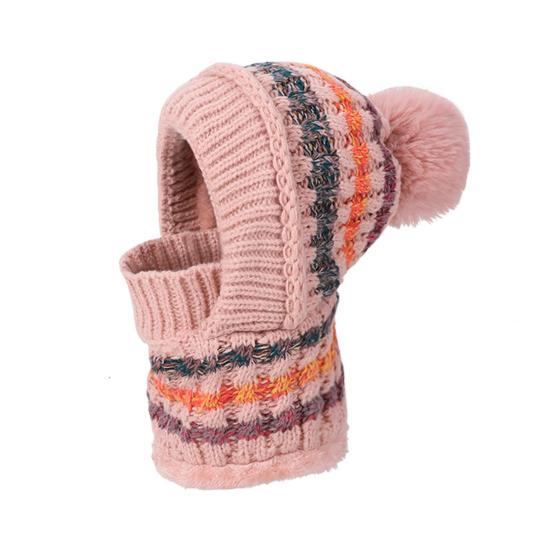 

Жіноча шапка з довгим шарфом Повний захист обличчя Тепла в язана Термофліс Зимова лижна шапка Кольорова клаптева Декор з помпоном Головний убір для холодної погоди рожевий