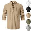 Men's Spring Oversized Vintage Cotton-Linen Stand Collar Fashionable Drawstring Long-Sleeved Shirt