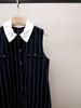 Autumn French Commuter Striped Sleeveless Pleated Dress with Turn-Down Collar