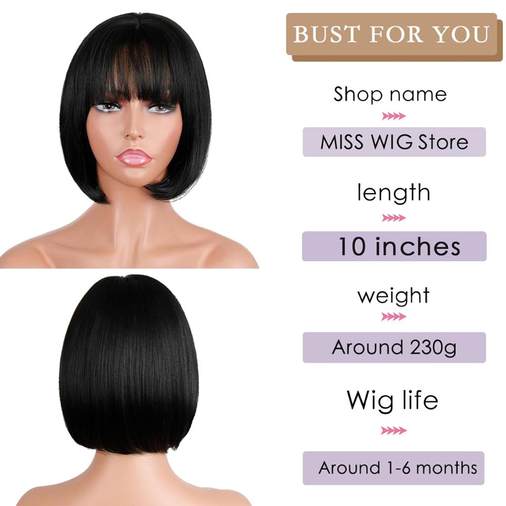 XINRAN Straight Black Synthetic Wig with Bangs Women's Short Length Hair Bob Wig Heat Resistant Bobo Hairstyle Daily Wig