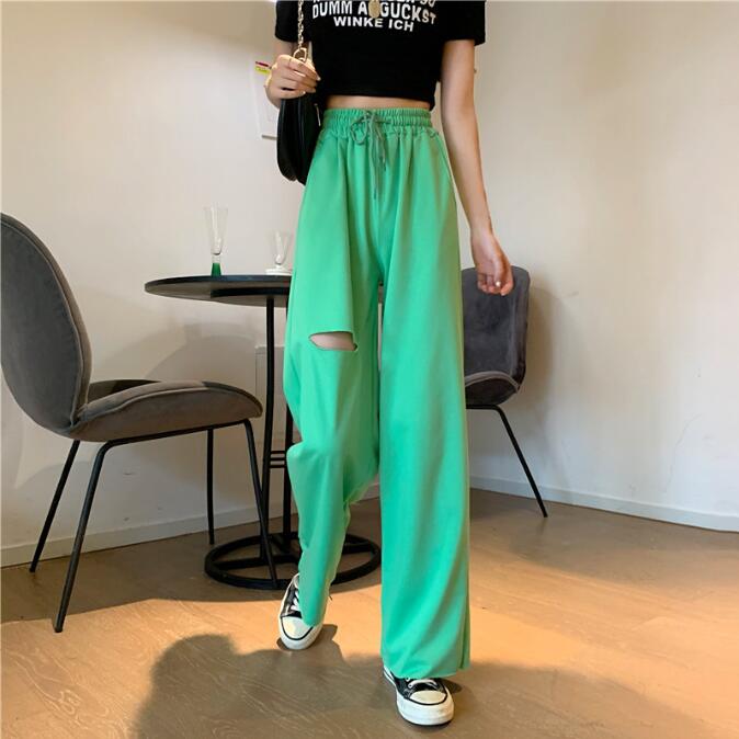 New Summer Loose Drawstring Ripped Wide-leg Trousers Solid Color Pants Loose Casual Trousers
