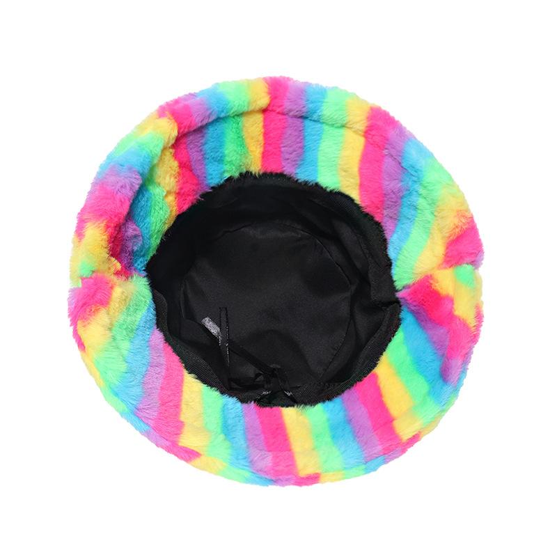 New Thermal Basin Hat Imitation Rabbit Hair Female Internet Celebrity Trend Female Colorful Rainbow Striped Bucket Hat Winter 2025