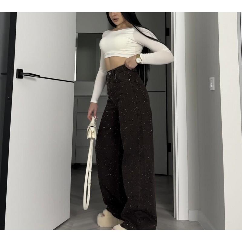 High-Waisted Wide-Leg Denim Jeans With Rhinestone