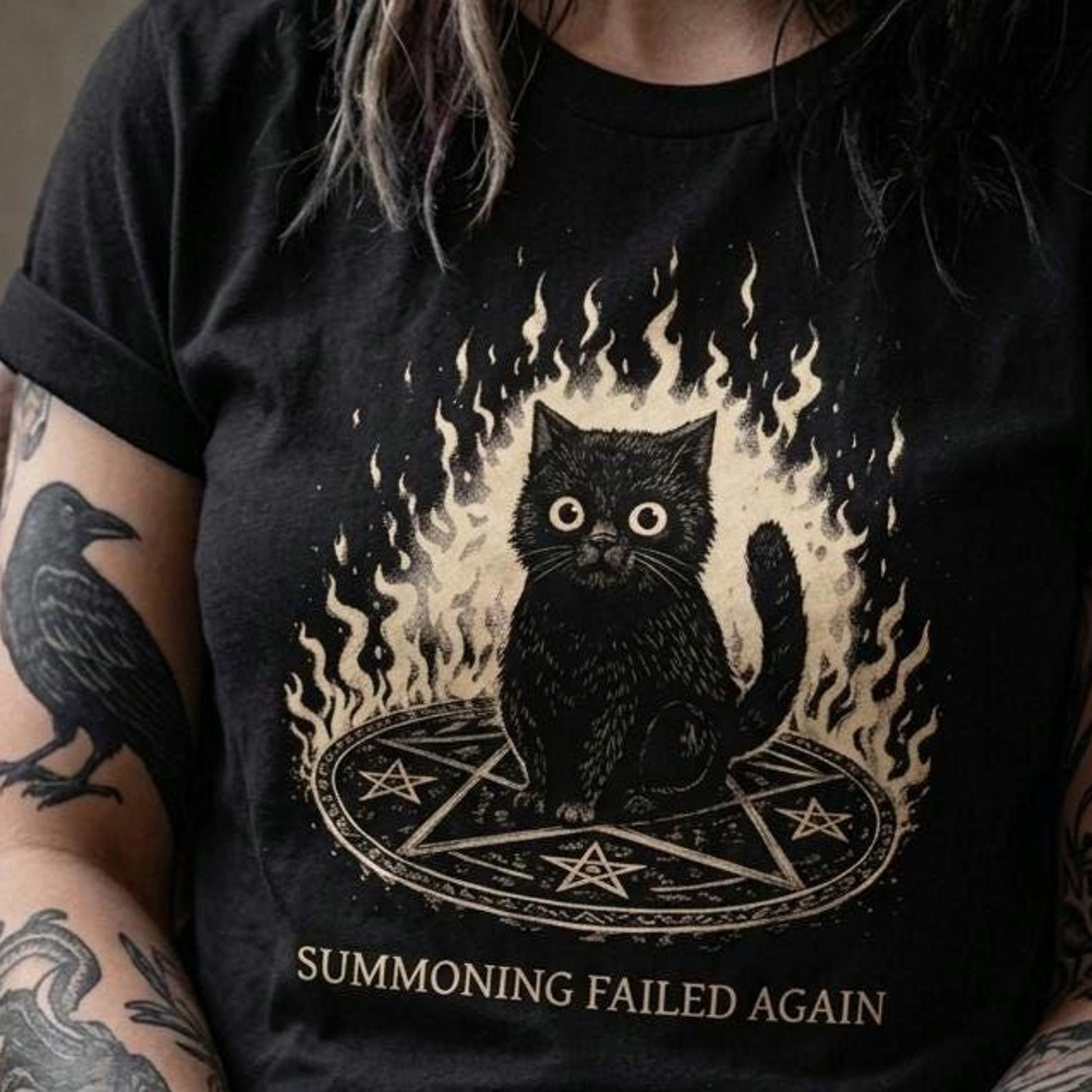 Cat Summoning Ritual Shirt, Funny Occult Witchcore Graphic Tee, Gothic Dark Academia Alt Clothing M