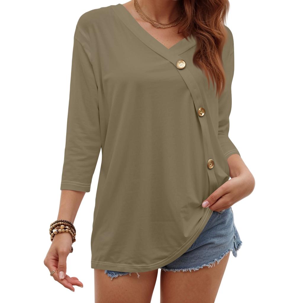 Women's Fashion Casual Three-quarter Sleeve Solid Color Button Round Neck Top