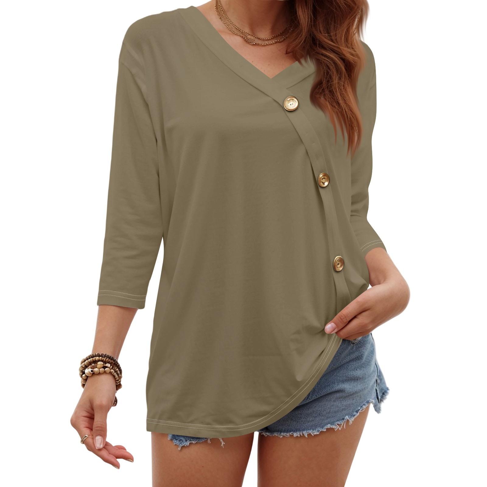 

Женская модная повседневная блузка с рукавом три четверти, однотонная, на пуговицах, с круглым вырезом L хаки