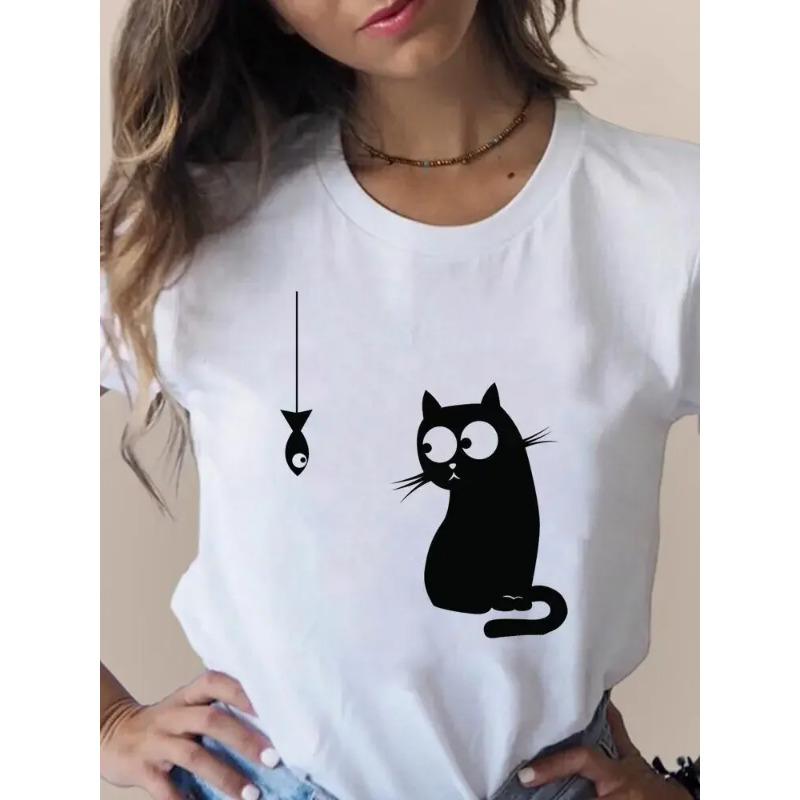 Summer Round Neck Cat Pattern Printed Top Fashionable Casual Short Sleeved Women's Pure Cotton T-shirts
