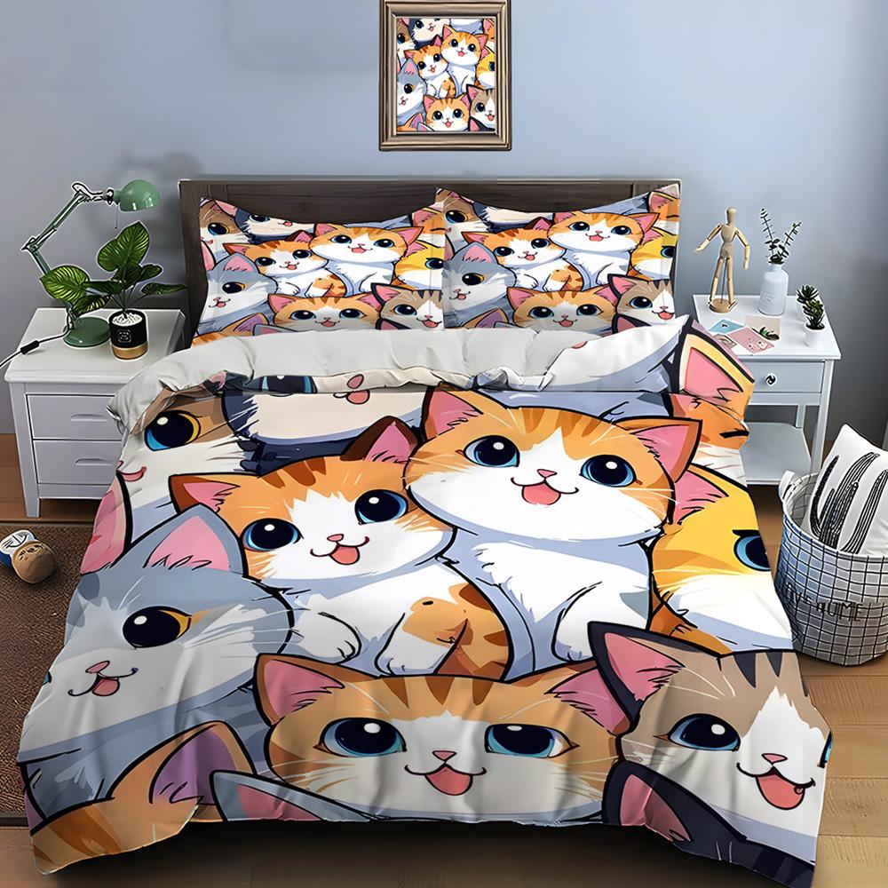 Lovely Carton Cats Print Beding Set Soft Duvet Cover 1 Soft Duvet Cover 2 Pilowcases Adult People Plus Children Beding Set Premium Warm Comforter Set