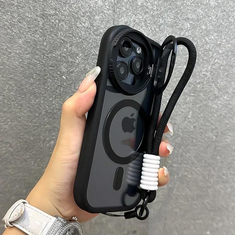 Fold Glass Lens Stand Magnetic Clear Case for 16 15 14 13 11 12 Pro Max Plus Wrist Strap Cord Shockproof Cover