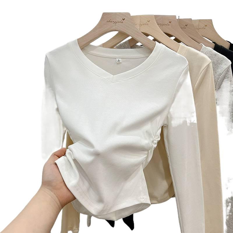 Damen V-Ausschnitt Slim-Fit Langarm-T-Shirt, Neuer Frühling/Herbst Stil mit Raffung an der Taille, Schickes Hot Girl Top, Vielseitiges Basic-Shirt.