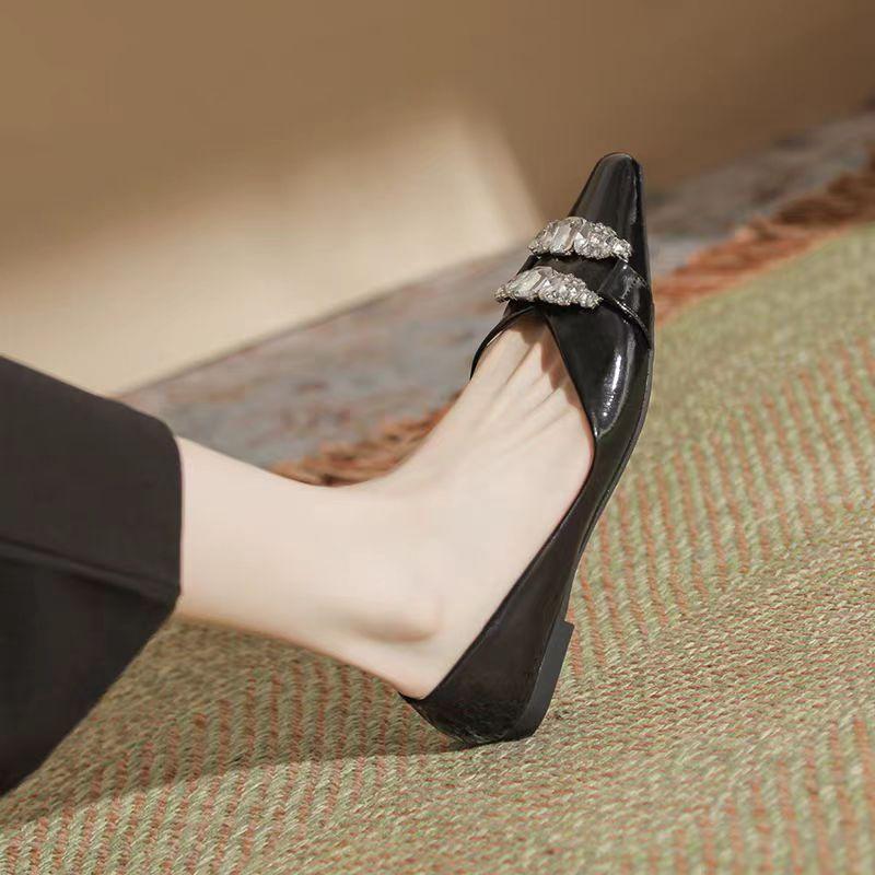 Spring 2025 New Rhinestone Versatile Pointed Head Shallow Mouth Thick Heel Mary Jane Shoes Women's Single Shoes Niche
