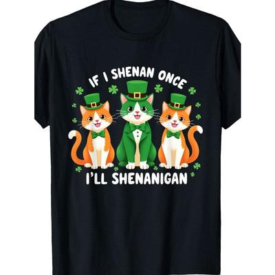 Men's Funny St. Patrick's Day Cat Shamrock Graphic Oversized Casual Short Sleeve Tee