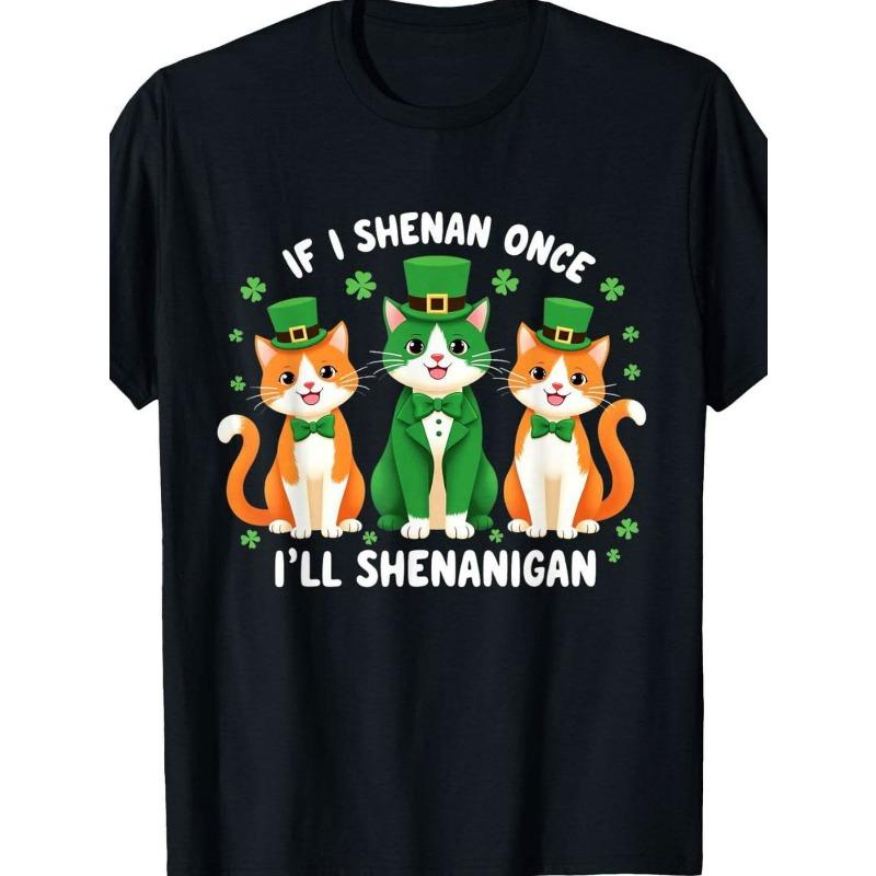 

Men s Funny St. Patrick s Day Cat Shamrock Graphic Oversized Casual Short Sleeve Tee 4XL чорний