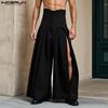 Men High Slim Waist Zipper Casual Long Splits Wide Legs Pants Trousers