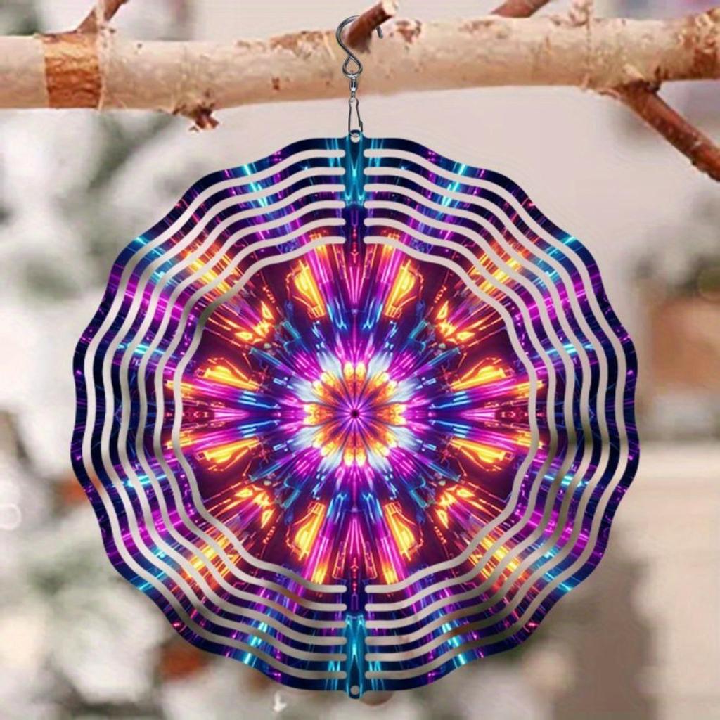 Vibrant 3D Mandala Wind Chime Colorful Kaleidoscope Pattern Dynamic Rotation Art Metal Hanging Decor for Indoor Outdoor Thanksgiving Christmas Gift