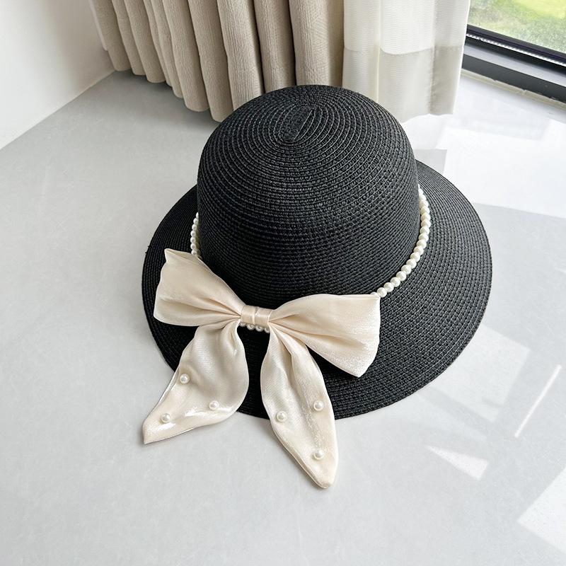 

New Summer Elegant Hepburn Straw Hat For Women Fashion pearl UV Protection Sun Hat Casual Simple Breathable Beach Hats чорний