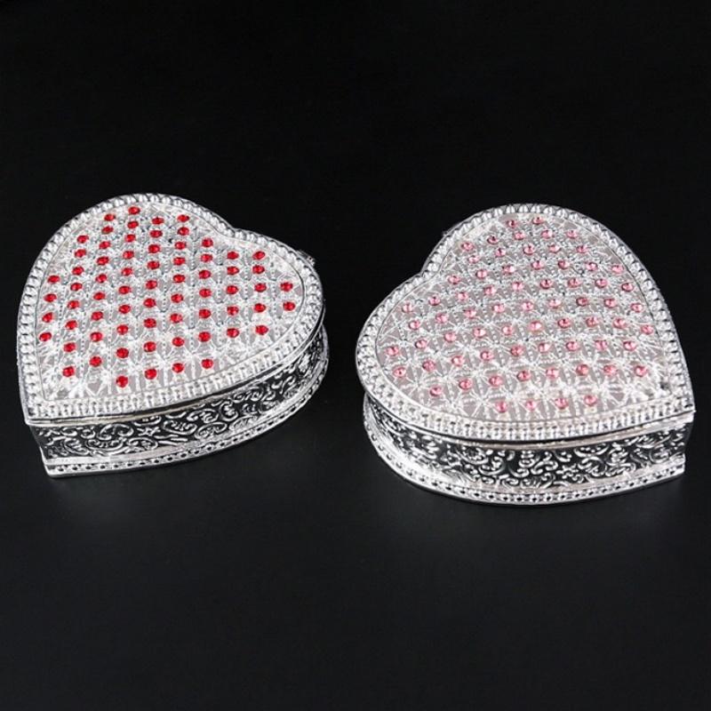 Mini Jewelry Storage Box Bracelet Organizer,Exquisite Heart Shape Inlaid Gem Alloy Ring Storage Jar Dresser Display Couple Gifts