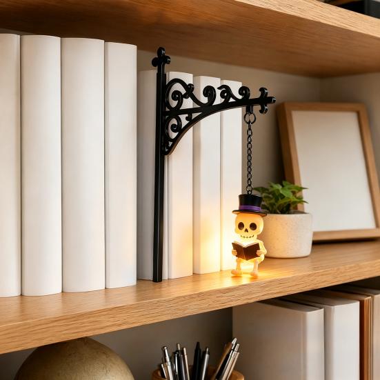 Reading Nook Accents Halloween Iron Library Lamp, Vintage Bookshelf Light with Ghost Pumpkin Bat Study Room Atmosphere Pendants, Nightlight,