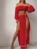 Women's European & American Off-Shoulder Swimsuit Cover-Up: Long Sleeve, High Slit Skirt, Two-Piece Set