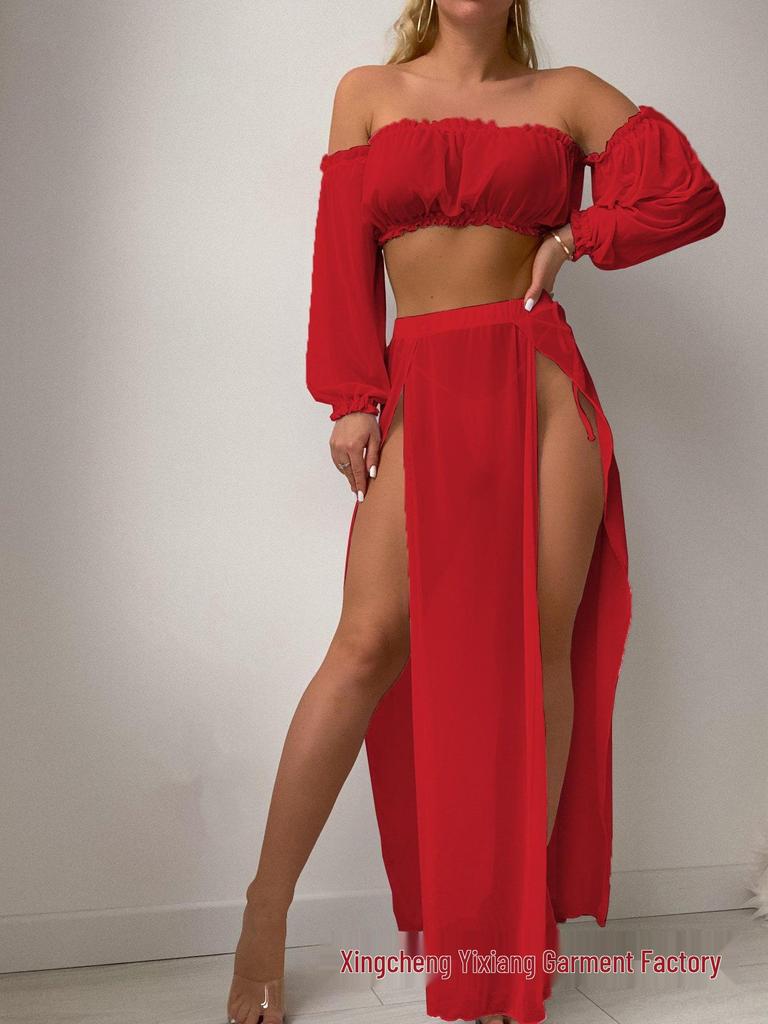 Women's European & American Off-Shoulder Swimsuit Cover-Up: Long Sleeve, High Slit Skirt, Two-Piece Set