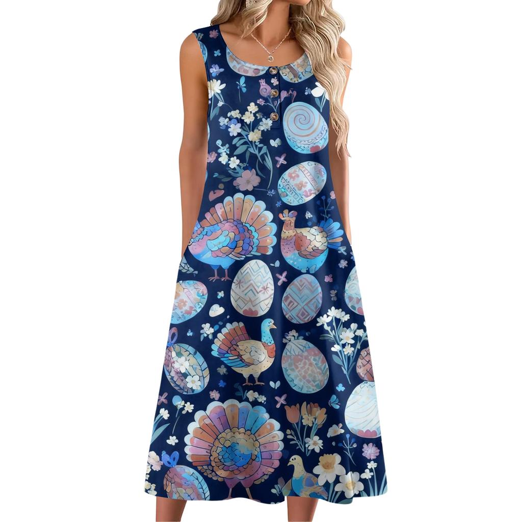 Dámské módní ležérní bezrukávové knoflíkové velikonoční potisk šaty s kapsou