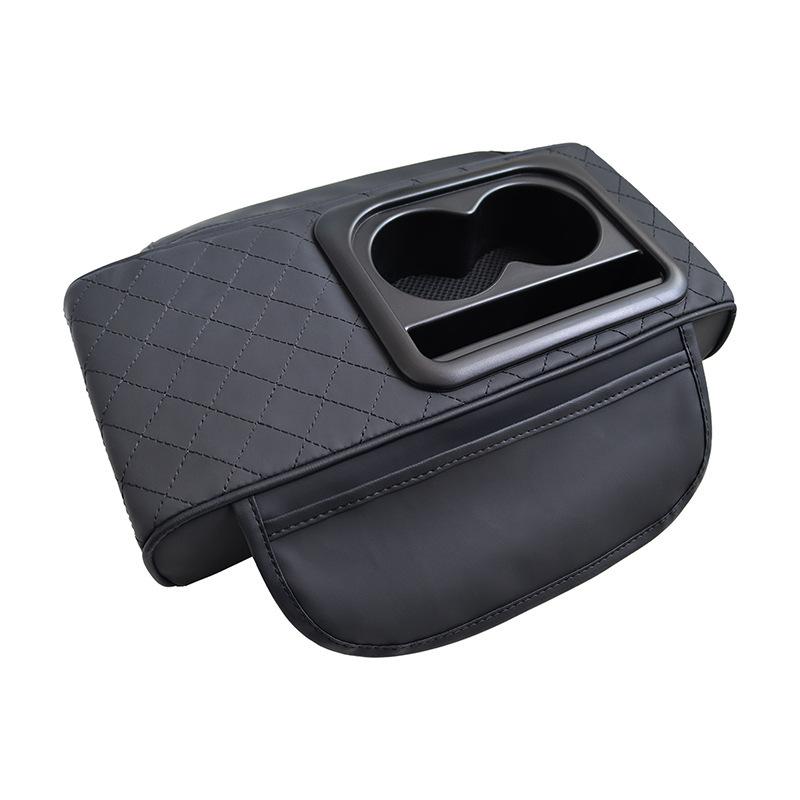 Auto PU Leder Universal Armlehnenkonsolenverlängerung mit 2 Getränkehaltern Auto Innenraum Aufbewahrungsbox Erhöhungskissen Taschentuch Organizer