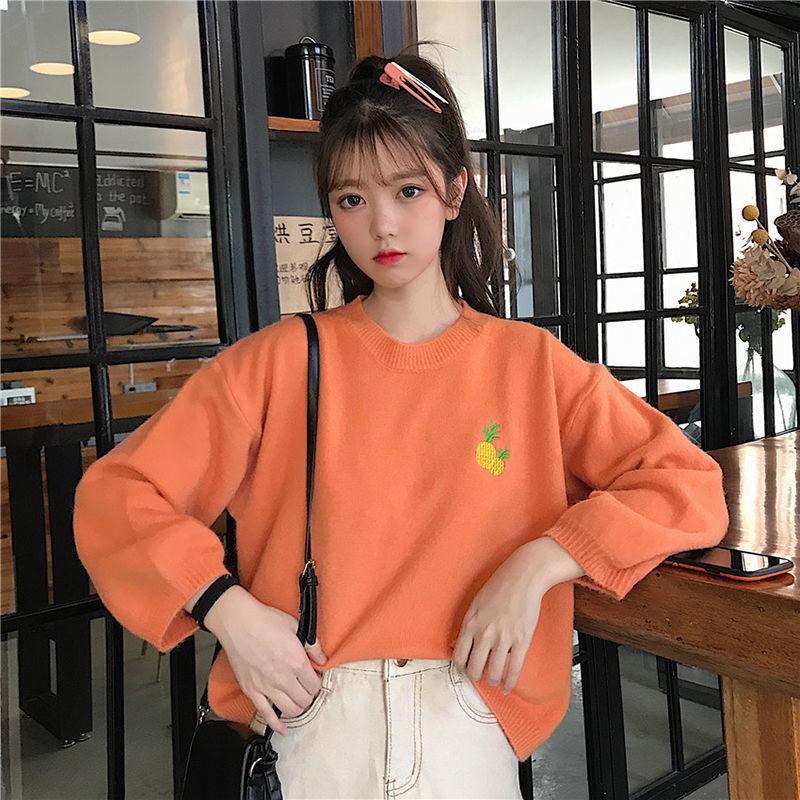 Sweater Girl Student Korean Loose Winter and Autumn Fruit Embroidery Pullover Sweater Female Candy Color Sweater