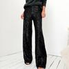 Women Pants Mid-rise Solid Color Sparkling Sequins Casual Trousers Wide Leg Stage Dance Pants Night Club Party Wear
