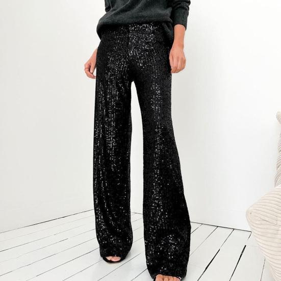 Women Pants Mid-rise Solid Color Sparkling Sequins Casual Trousers Wide Leg Stage Dance Pants Night Club Party Wear