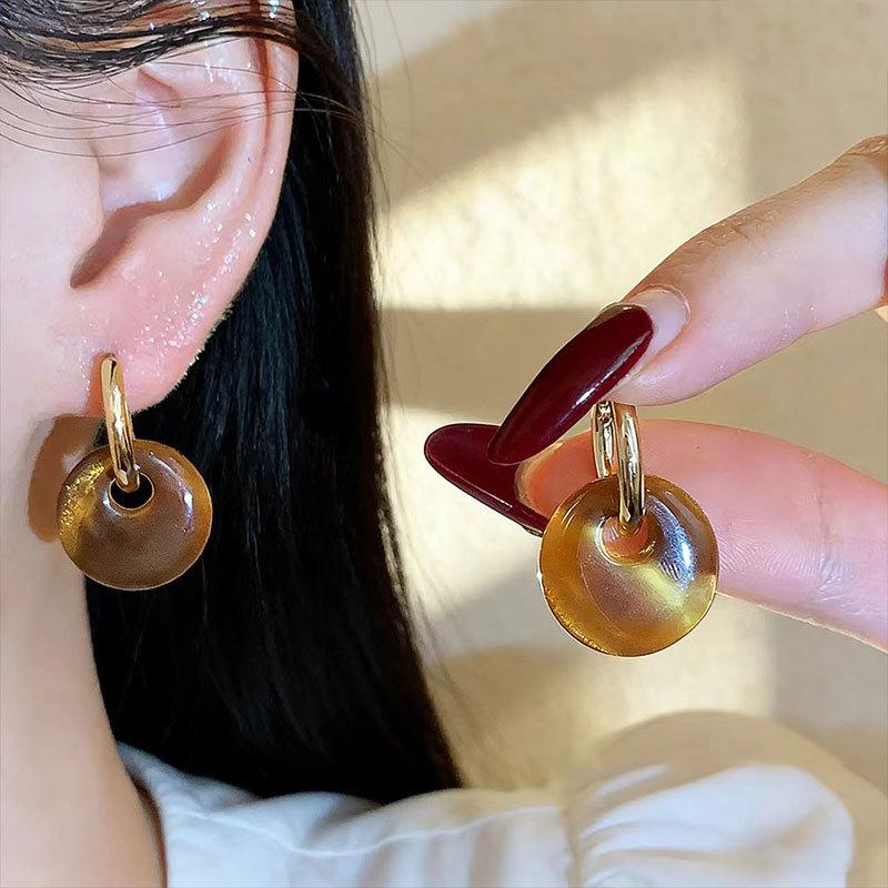 Vintage Maillard Imitation Tiger'S Eye Stone Smudge Round Personalized Simple Earrings Light Luxury High-End Ear Buckles Fashion Earrings