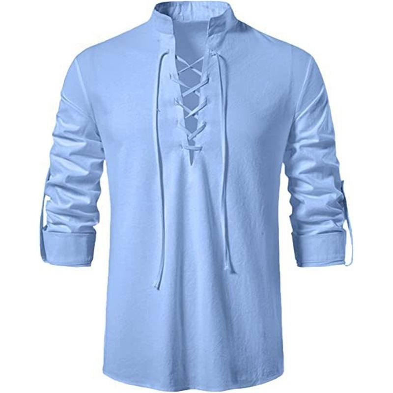 Herren Sommer Baumwollpullover Hippie Lässig Strand Stehkragen Hemd Mit Gürtel Langarm Strandtop