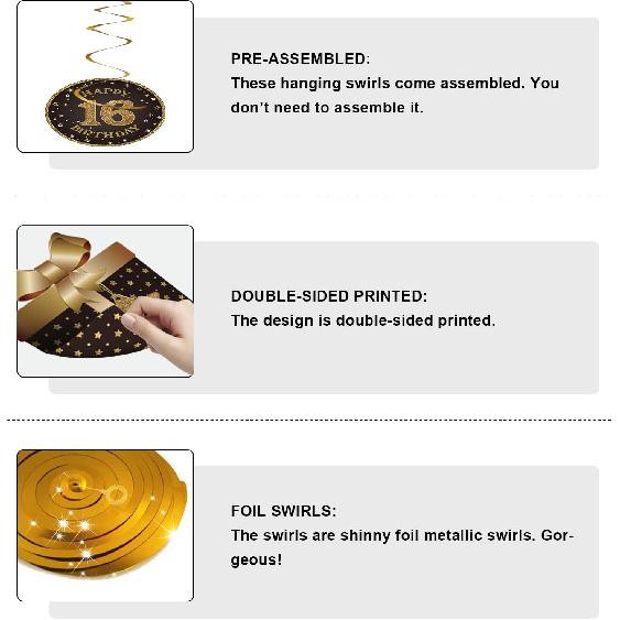 Happy 16th Birthday Hanging Swirls Streams Ceiling Decorations, Celebration 16 Foil Hanging Swirls with Cutouts for Sweet 16 Years Old Black and Gold