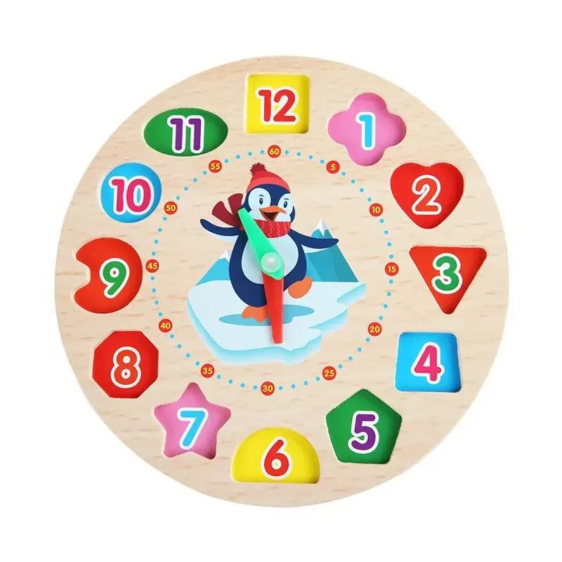 Wooden Blocks Puzzle Shape Number Color Sorting Clock Montessori Toys for Kids Early Education Penguin Patterns Time Learning