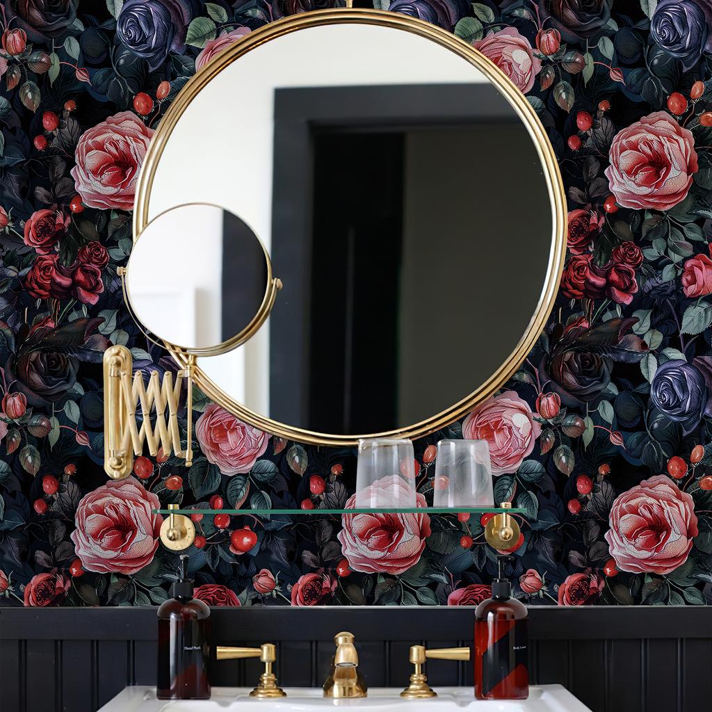 Retro Czerwona Tapeta Kwiatowa Samoprzylepny Winyl Wodoodporny Dekor Ścienny do Kuchni i Łazienki Ciemna Tapeta Kwiatowa Naklejka na Szafkę