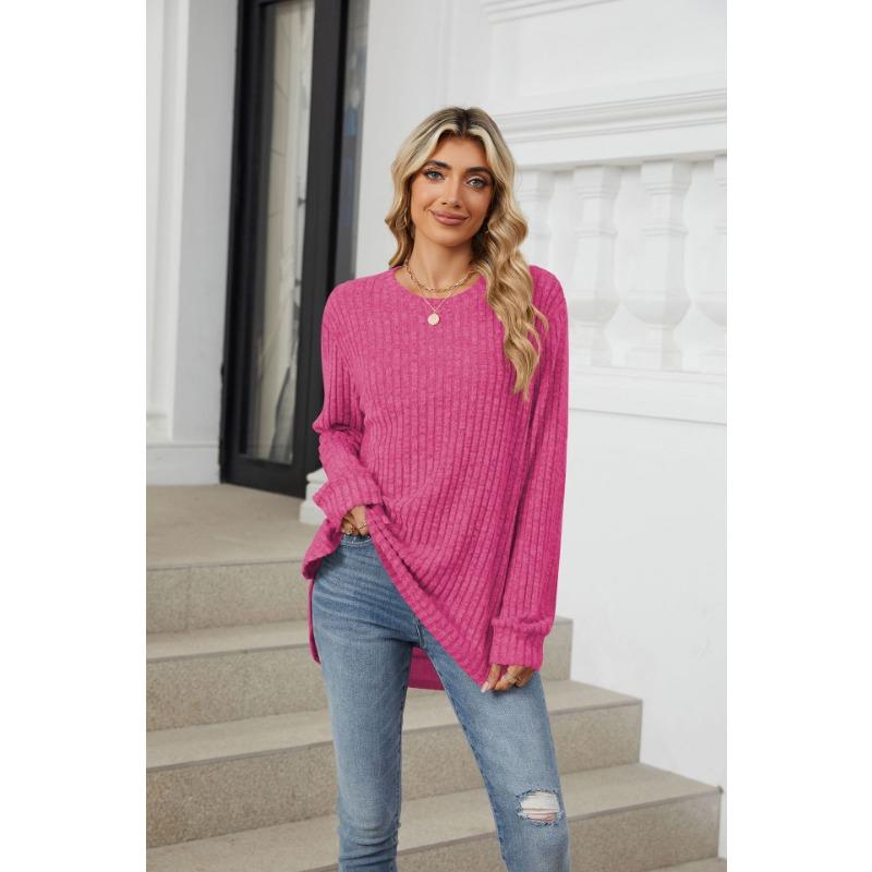 Herbst Damen Bluse Einfarbig Rundhals Gebürstet Locker Langarm Tops