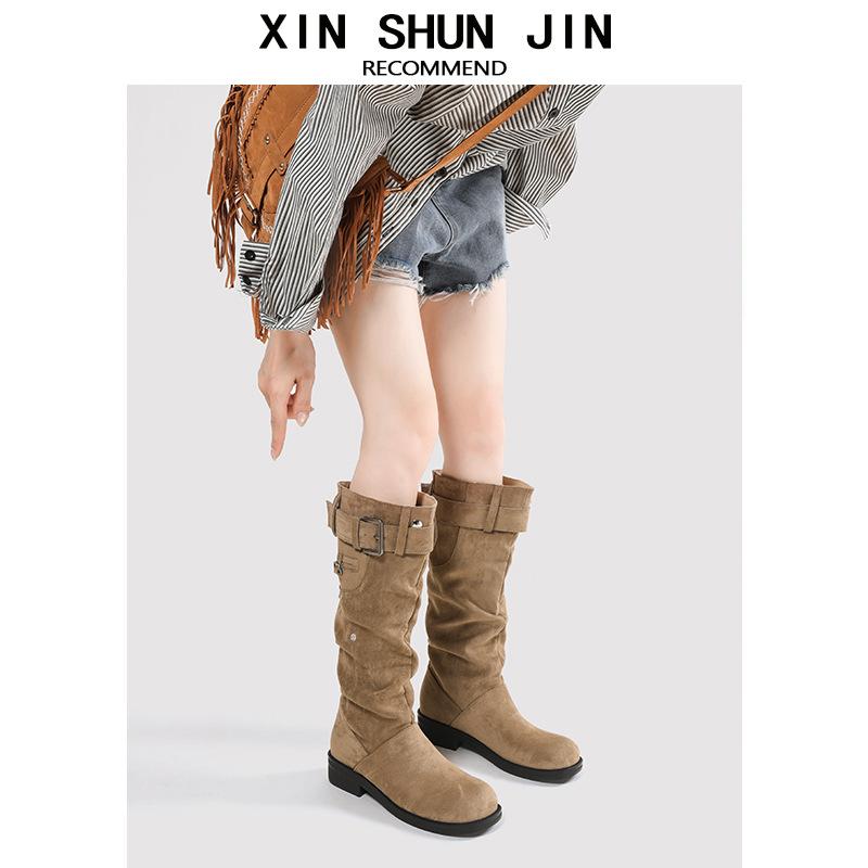 Maillard Pleated Pile Boots Women's Thick Heel Skinny Versatile Fashion Boots But Knee Boots Women's Western Knight Boots
