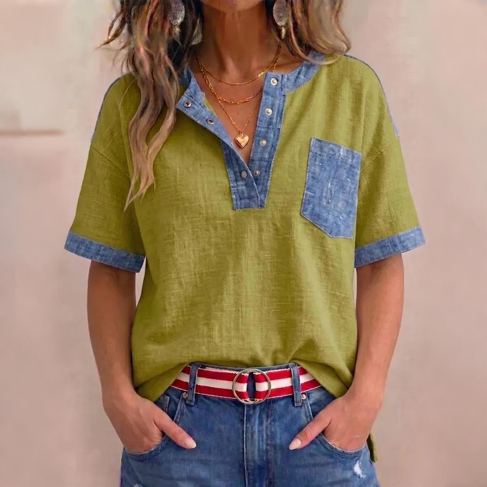 

Women s V Neck Shirt Casual Loose Fit Patchwork T Shirt Top with Short Sleeves and Chest Pocket for Everyday Wear M зелений
