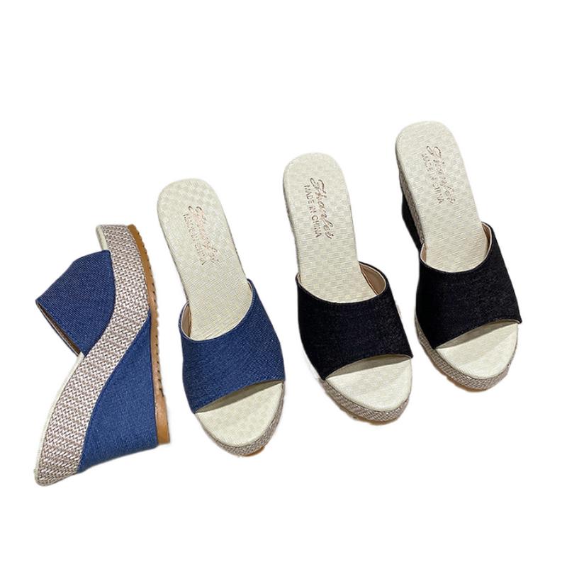 FHC 10cm High Heels Wedges Slippers,Beach Summer Shoes,Platform Slides,Flip-Flops,Slip On,Big Size 34-42,Black,Blue,Dropship