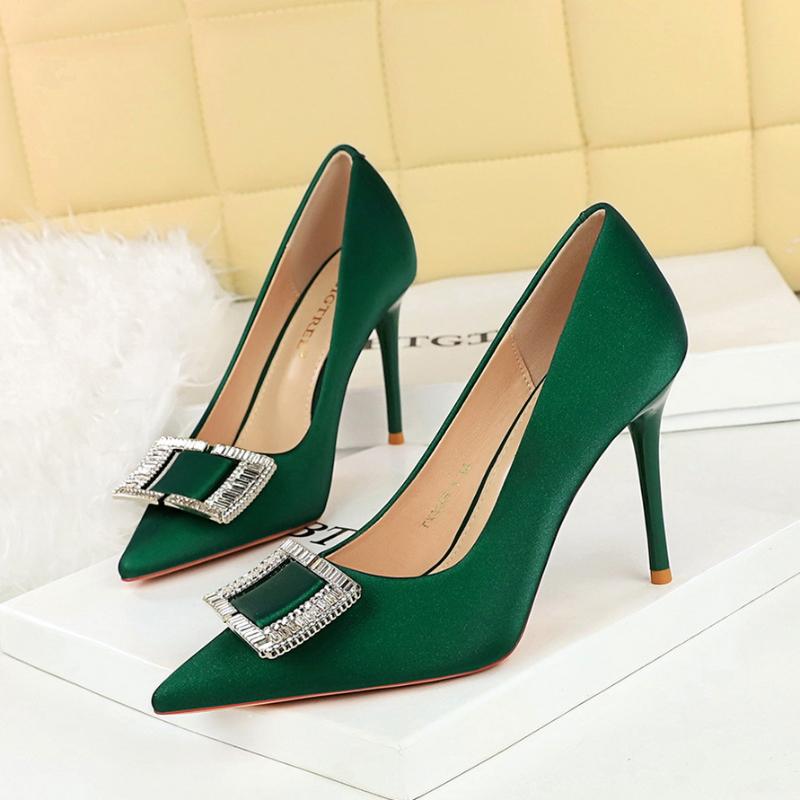 Fashionable High Heels For Women With Light Mouth Square Buckle Rhinestone Slim Heels Single Shoes Pointed Toe High-End Shoes