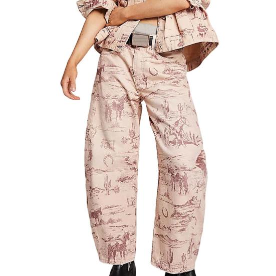 Barrel Jeans for Women Floral Print Boyfriend Baggy Jeans Casual Mid