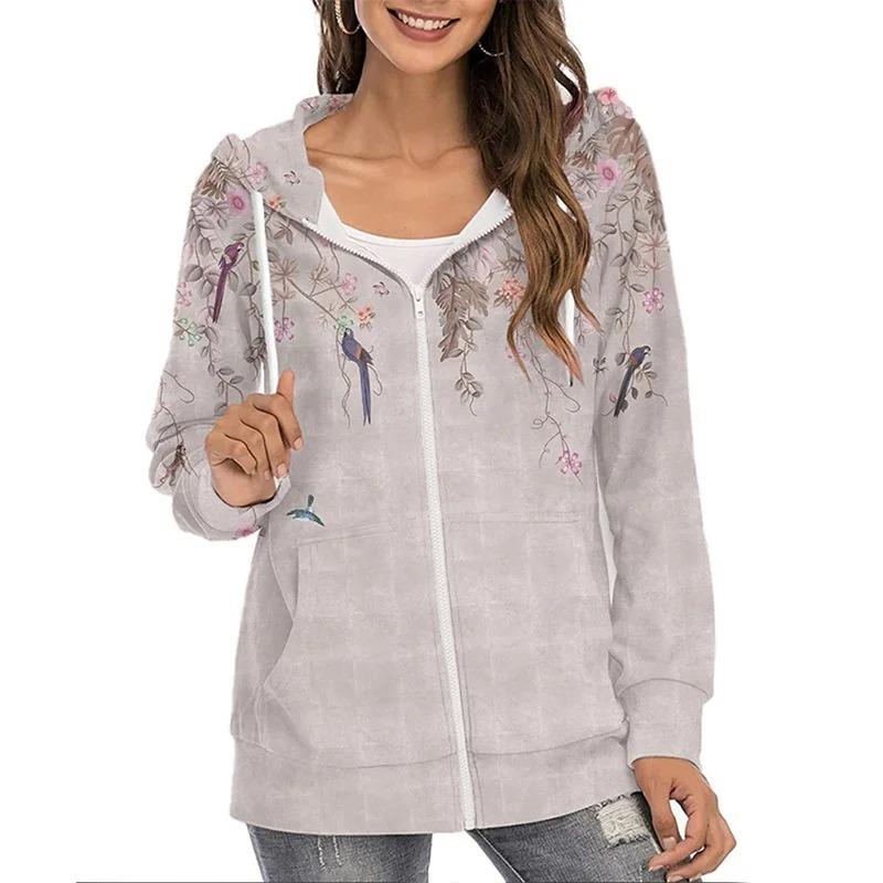 Women Fashion Loose Casual Thin Zip Up Hoodie Jacket Drawstring Printed Long Sleeve Sweatshirts Autumn Winter Female Blouse