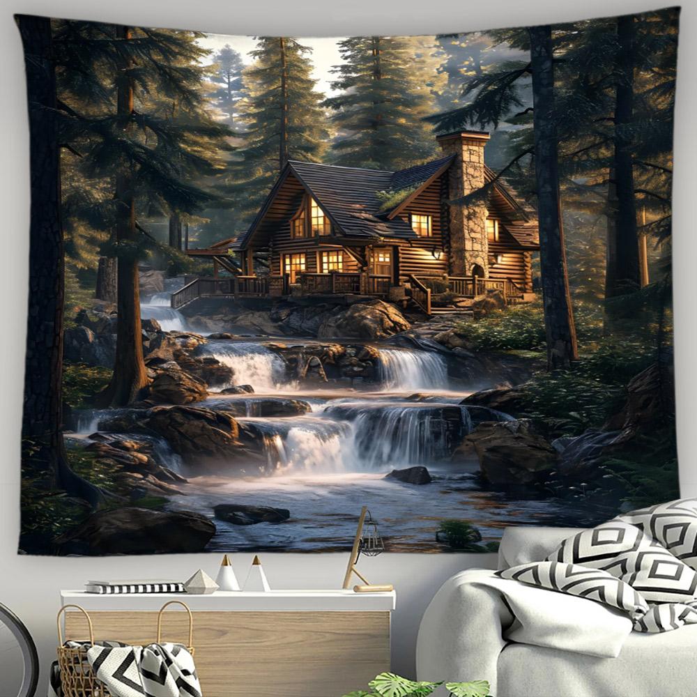 Asian Style Landscape Tapestry Nature Scenery Forest Waterfall Bedroom Living Room Home Wall Hanging Decor Natural Tapestry