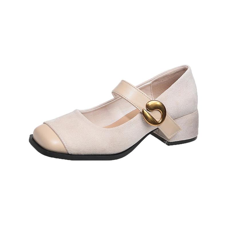 Female Green Velvet New Square Toe College Style Casual Pumps Fashion Shallow Buckle Shoes High Heel Shoes