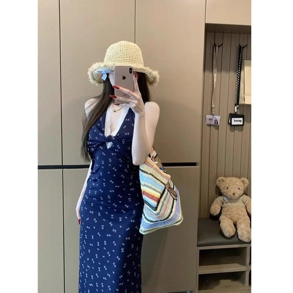 Wind V-neck lace floral neck halter dress women's summer slim temperament waist a word hip wrap skirt