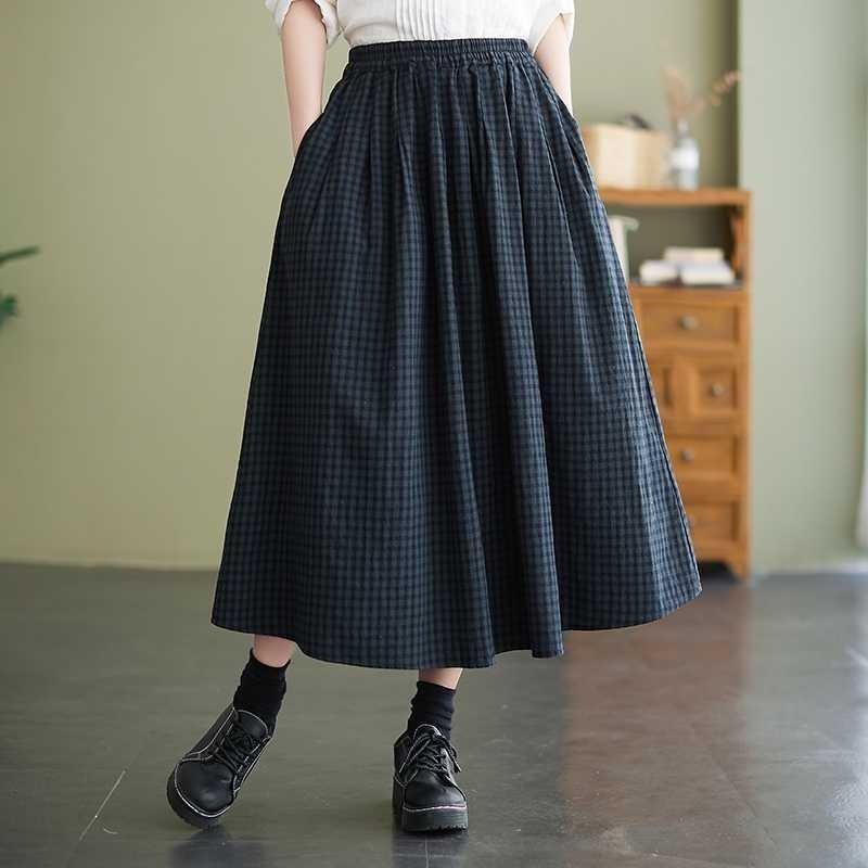 The Real Shot of The New Literary and Artistic Women's Clothing Cotton and Linen  Pendulum High Waist and Thin A Word Medium and Long Skirt